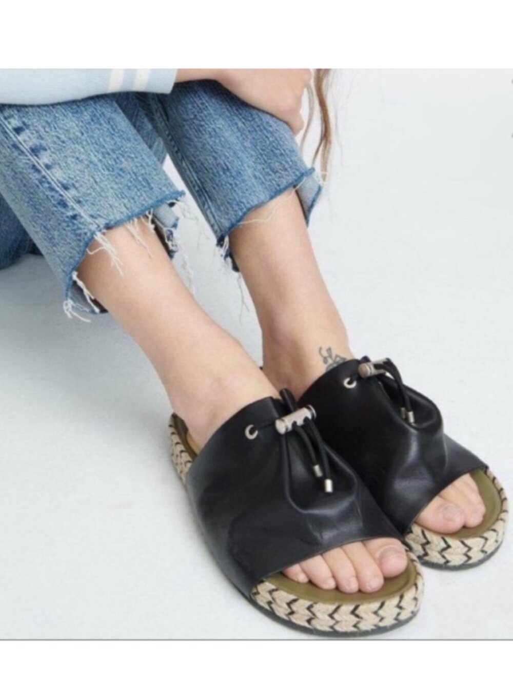 rag & bone Eva Espadrille Black Leather Slide Sandals Size 38